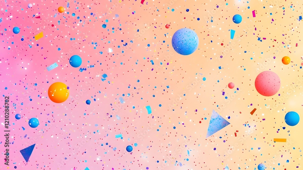 Poster colorful and playful confetti scattered across a sparkling gradient background with a vibrant modern
