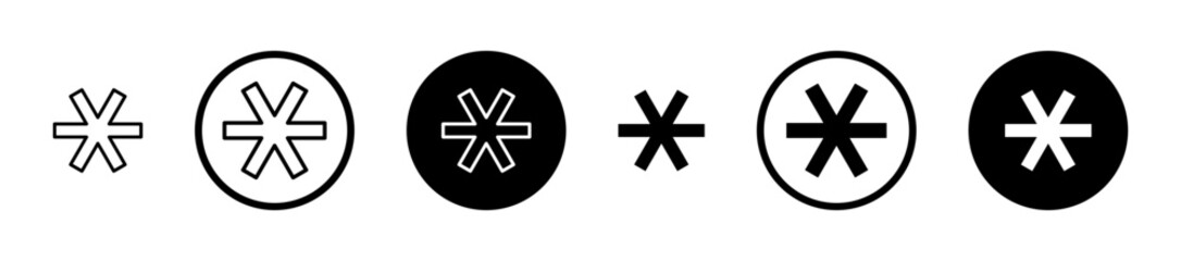 Asterisk icons set in black filled and stroke line style