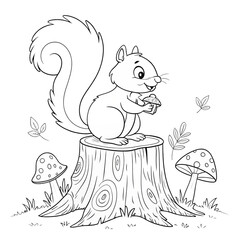 Cute cartoon squirrel, sitting on tree stump, holding acorn, black and white line drawing, coloring book style, woodland scene, mushrooms, butterflies, detailed illustration, whimsical, childlike, pla