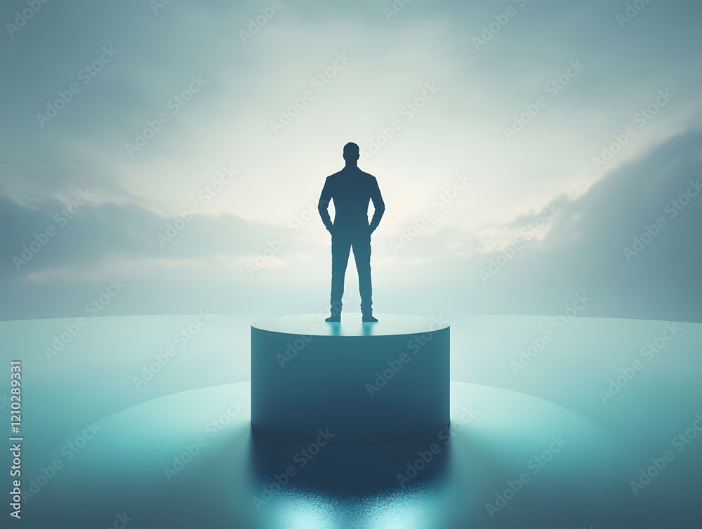 Aufkleber silhouette of a confident businessman standing on a pedestal against a dreamy atmospheric background