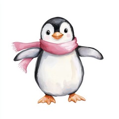 Fototapeta premium Cute penguin clipart with pink scarf on white background