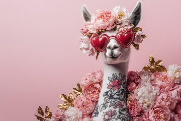 portrait of a llama adorned with floral tattoos, wearing heart-shaped sunglasses and surrounded by peonies and golden leaves, against a soft pink background