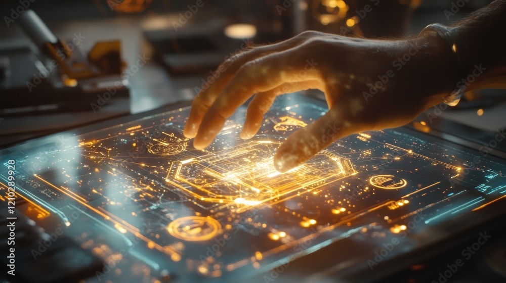 Aufkleber engineer uses a futuristic transparent display with glowing circuits and data points in a high tech 