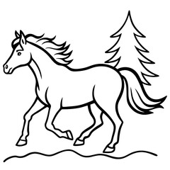 Minimalist line drawing, graceful horse galloping, pine trees background, black and white illustration