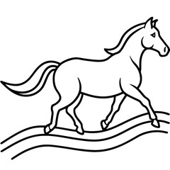 Minimalist line drawing, graceful horse galloping, pine trees background, black and white illustration