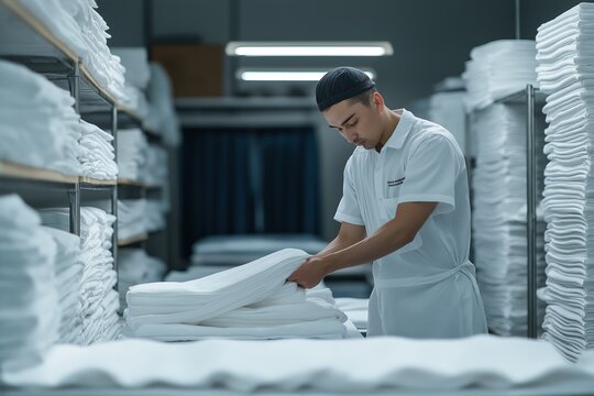Asian young male worker organizing laundry in hotel linen room