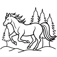 Minimalist line drawing, graceful horse galloping, pine trees background, black and white illustration
