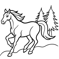 Minimalist line drawing, graceful horse galloping, pine trees background, black and white illustration