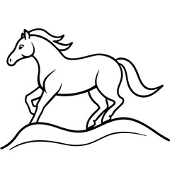Minimalist line drawing, graceful horse galloping, pine trees background, black and white illustration