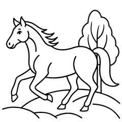 Minimalist line drawing, graceful horse galloping, pine trees background, black and white illustration