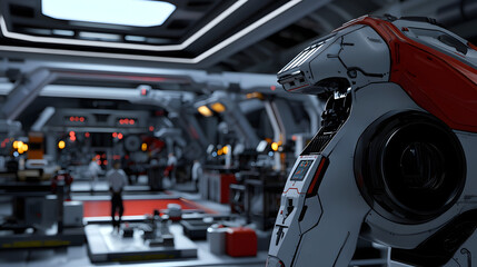 Fototapeta premium A hyper-detailed futuristic robot with a sleek red and black design, standing in a high-tech laboratory filled with advanced equipment. Represents robotics, innovation, and artificial intelligence