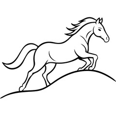 Minimalist line drawing, graceful horse galloping, pine trees background, black and white illustration