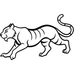 Fierce tiger illustration, black and white line art, profile view, angry expression, bared teeth, crouched pose, stylized stripes, curved tail, sharp claws, muscular body, minimalist design, cartoon s