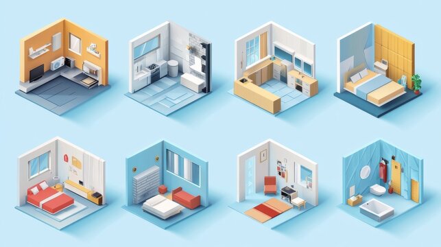 Vector isometric low poly home rooms set. Includes living room, bathroom, kitchen, kids room, garage, bedroom, and other