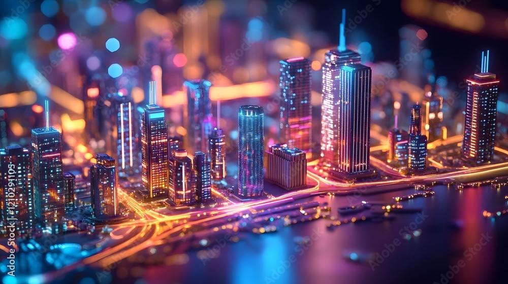 Poster futuristic cityscape with vibrant colorful illuminated grids and geometric patterns dynamic and mode
