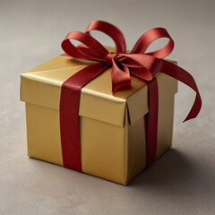 Golden gift box adorned with a red ribbon bow, isolated.
