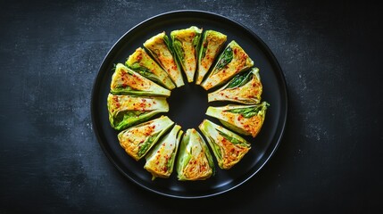 Perfectly plated Napa cabbage kimchi, arranged in a neat circle and highlighted by its vibrant chili seasoning, served on a black plate.