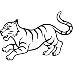 Obraz premium Fierce tiger illustration, black and white line art, profile view, angry expression, bared teeth, crouched pose, stylized stripes, curved tail, sharp claws, muscular body, minimalist design, cartoon s