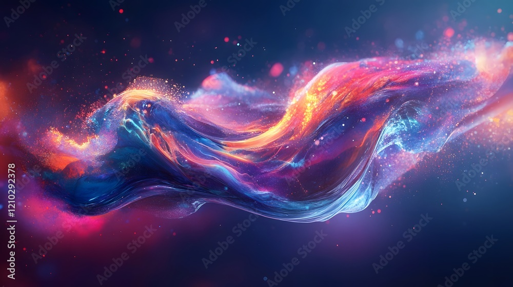 Poster elegant dynamic fluid forms with colorful glowing highlights smooth gradients and shimmering texture
