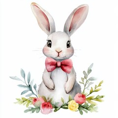 Fototapeta premium Cute cartoon bunny with pink bow tie among pastel flowers