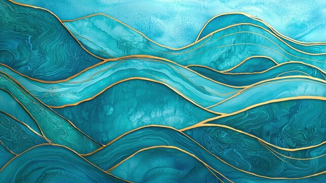 Swirling turquoise waves with golden accents create a mesmerizing abstract design reflecting calm ocean waters. Generative AI