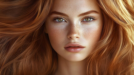 Obraz premium Close-up of a young woman with red hair, freckles, and piercing green eyes, exuding natural beauty and elegance. Close-up