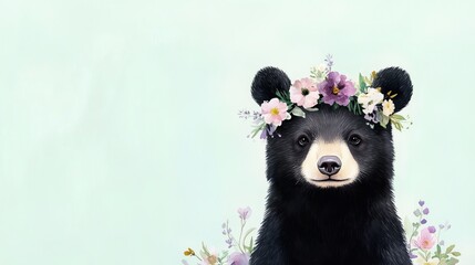 Watercolor animal with a vibrant floral crown on a soothing pastel background, radiating a cheerful vibe