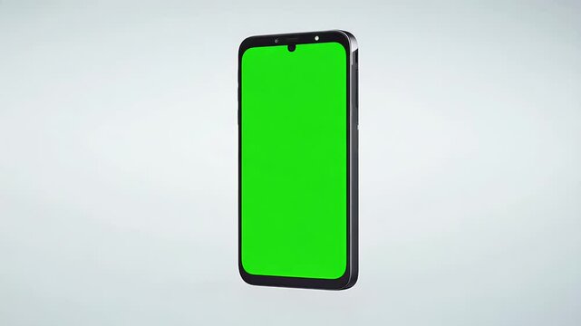 3D video rendered rotating mobile phone mockup with a green screen display set against a bright white background for easy customization in motion design