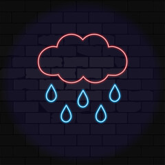 Cloud icon with rain and drops neon 