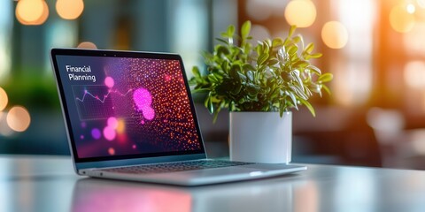 Fototapeta premium Investment wealth financial planning risk assessment. A sleek laptop displaying colorful data visuals is placed next to a vibrant green plant, set in a modern workspace with soft lighting.