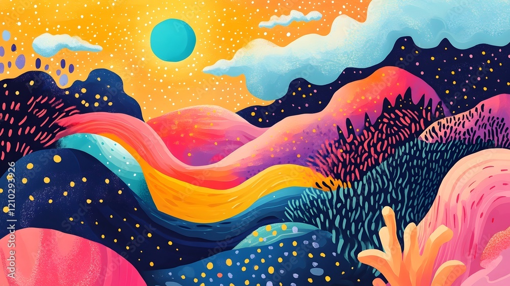 Poster vibrant gradient filled whimsical composition with flowing patterns and playful forms an imaginative