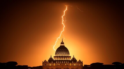 Obraz premium A dramatic lightning strike illuminates St. Peter's Basilica against a fiery orange sky, creating a stunning and powerful visual contrast.