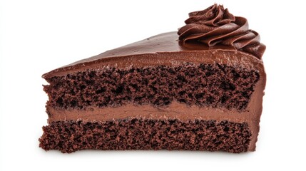 A decadent chocolate cake slice with rich layers and smooth frosting, Its moist texture and indulgent appearance captured in exquisite detail