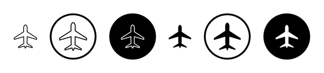 Plane icons set in black filled and stroke line style