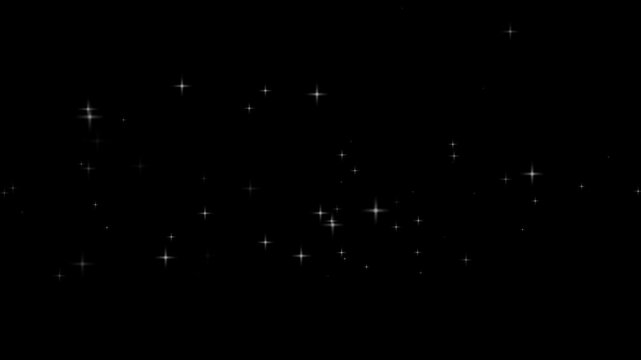 Animation video of twinkling stars of all sizes moving from left to right on black background. Seamless loop
