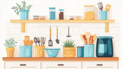 well organized kitchen shelf featuring various food handling tools, pots, and containers, creating vibrant cooking space