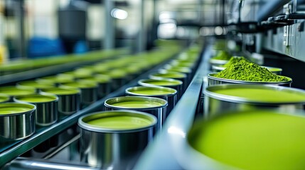 Obraz premium Modern production facility with green tea matcha powder containers in rows, ready for packaging and shipping.