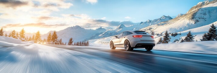 Sleek white car swiftly travels snowy mountain roads.