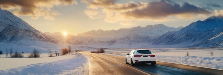 Chic white car travels through vast winter wilderness.