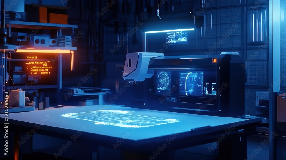 Poster futuristic 3d printer creating a holographic projection on a table inside a high tech laboratory, sh