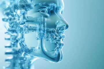 A blue face with a skeleton in the background