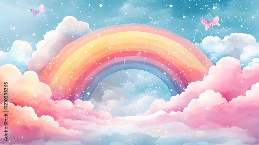 Poster soft and charming rainbows with fluffy clouds delicate hand drawn textures and colorful gradients cr