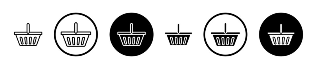 Shopping basket icons set in black filled and stroke line style