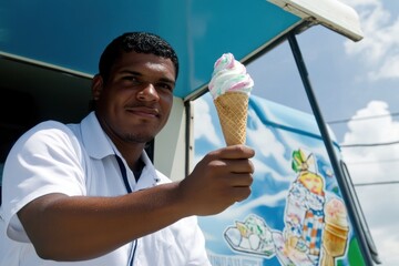 Man holds colorful ice cream cone from truck window.