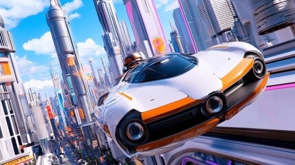 Obraz premium Futuristic Flying Car Over Modern Cityscape with Bright Towers