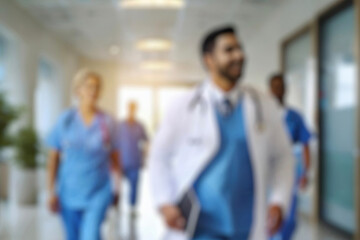blurred for background. blurred figures of doctors and nurses in a hospital corridor. Doctors and nurses walking in hospital hallway. blurred motion. Moving human figure in the clinic corridor