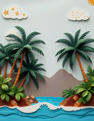 Fototapeta premium Tropical island paradise.Vintage poster background with palms and sea waves, papercraft, with white tones