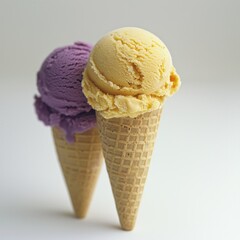 Two scoops ice cream, cone, dessert, sweet treat, studio shot, white background, food photography
