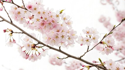 Fototapeta premium Cherry blossom branches with soft pink hues are perfectly arranged against a crisp white canvas, blooming flowers, minimalist decor, elegant frame