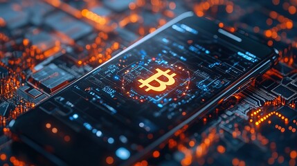 Obraz premium Close-up of a smartphone interface showing secure blockchain transactions, sleek and futuristic 